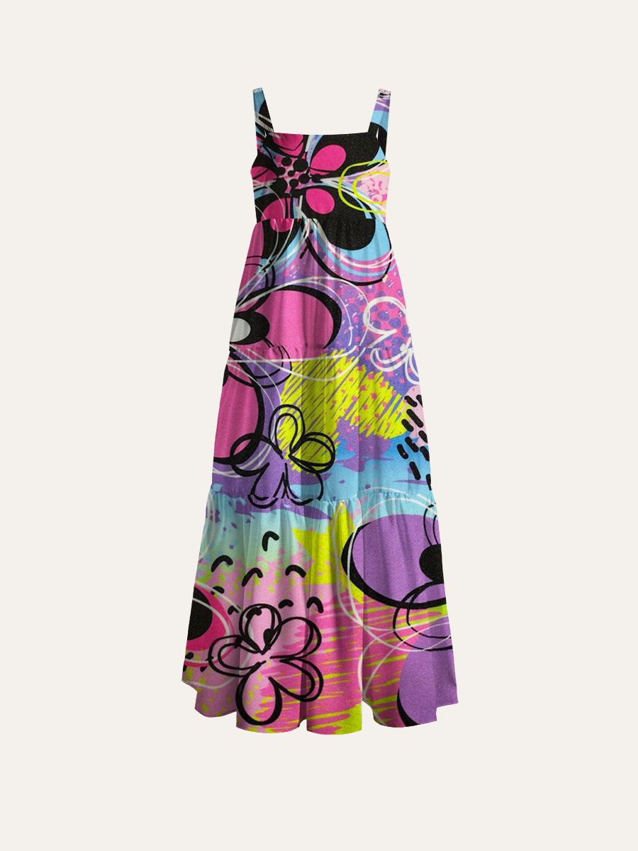 Cyber Retro Floral Adjustable Wide Straps Maxi Dress