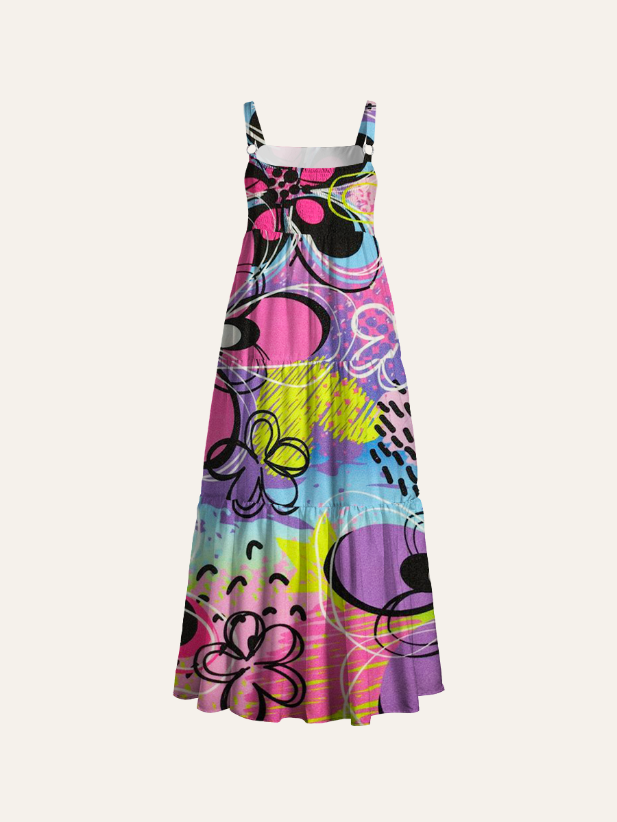 Cyber Retro Floral Adjustable Wide Straps Maxi Dress