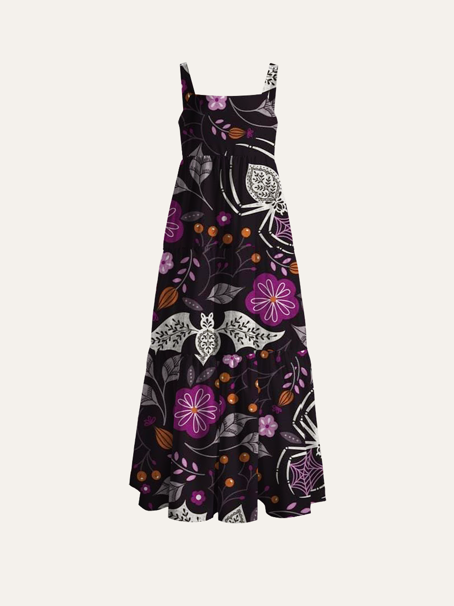 Whimsical Dark Academia Adjustable Wide Straps Maxi Dress