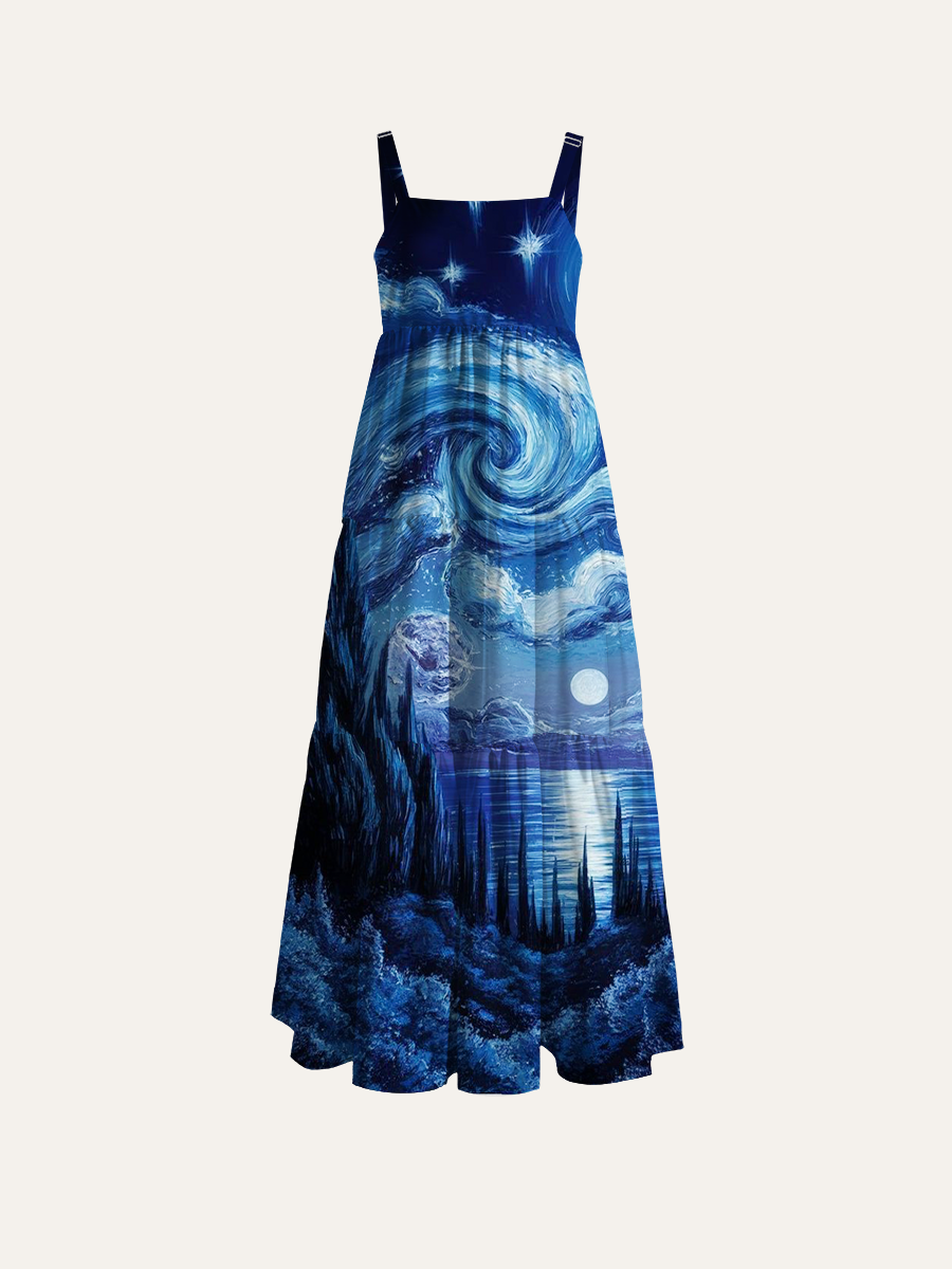 Starry Ocean Swirl Adjustable Wide Straps Maxi Dress