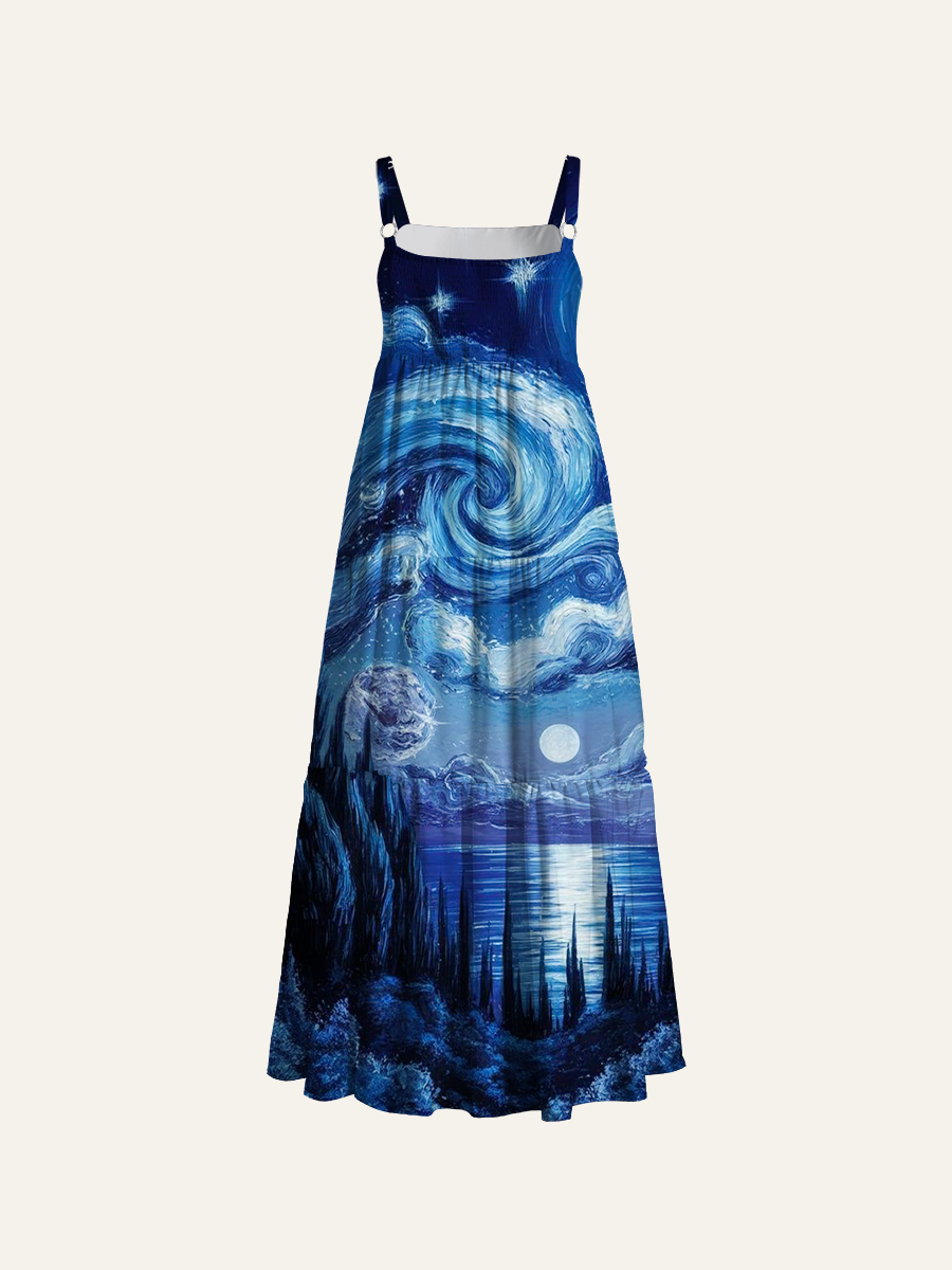 Starry Ocean Swirl Adjustable Wide Straps Maxi Dress
