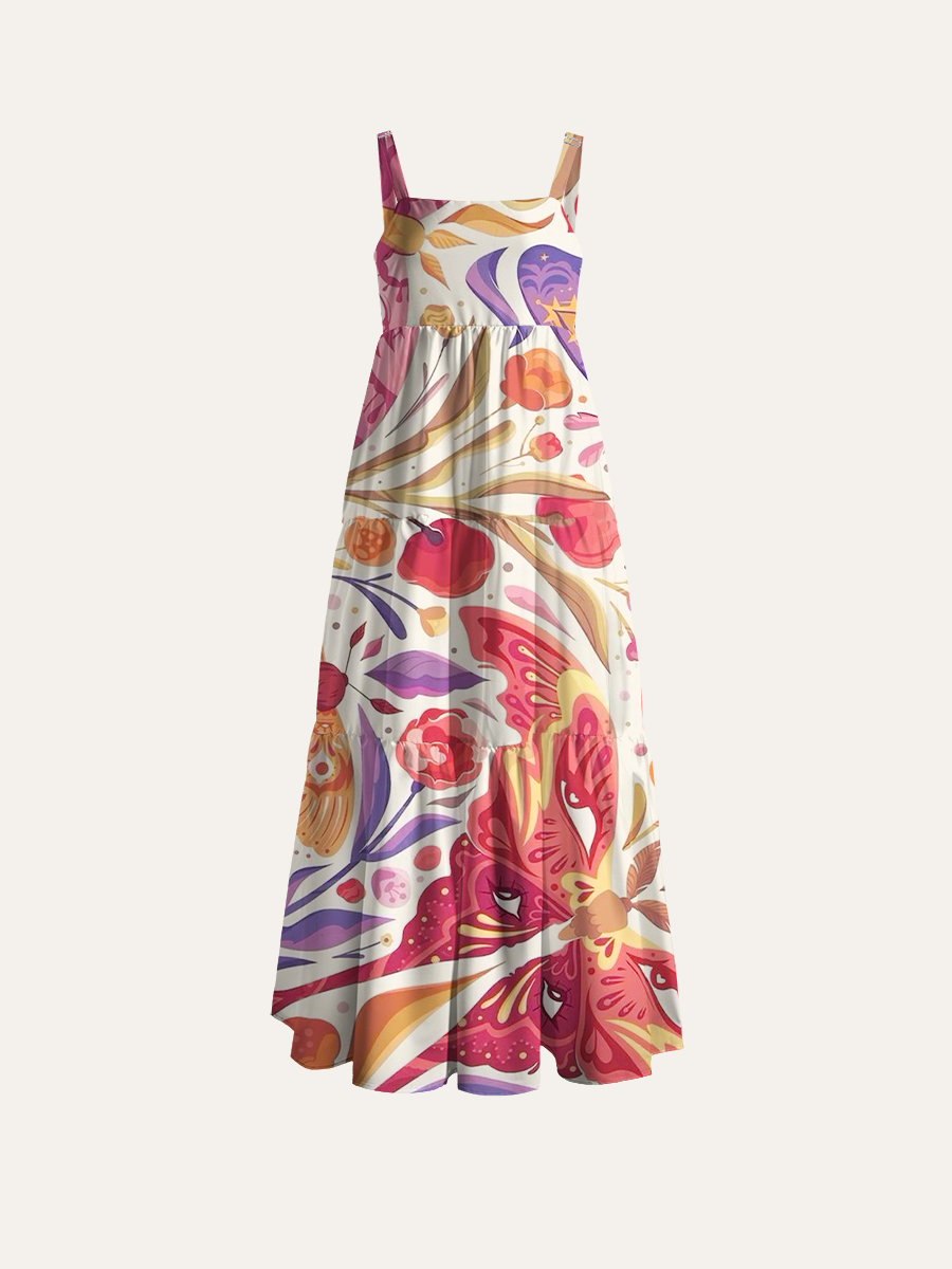 Enchanted Flora & Wing Adjustable Wide Straps Maxi Dress