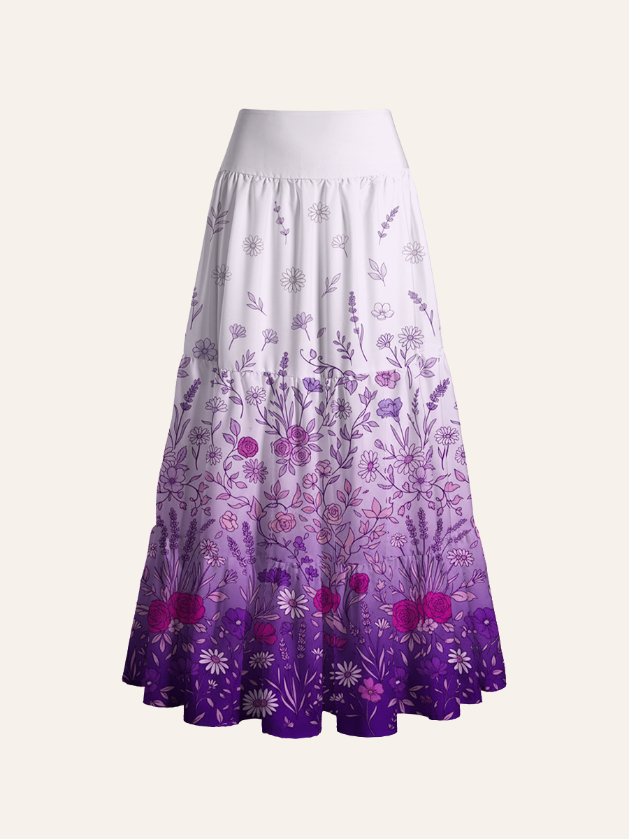 Gradient Purple Line Art Wildflower Border Convertible Maxi Skirts