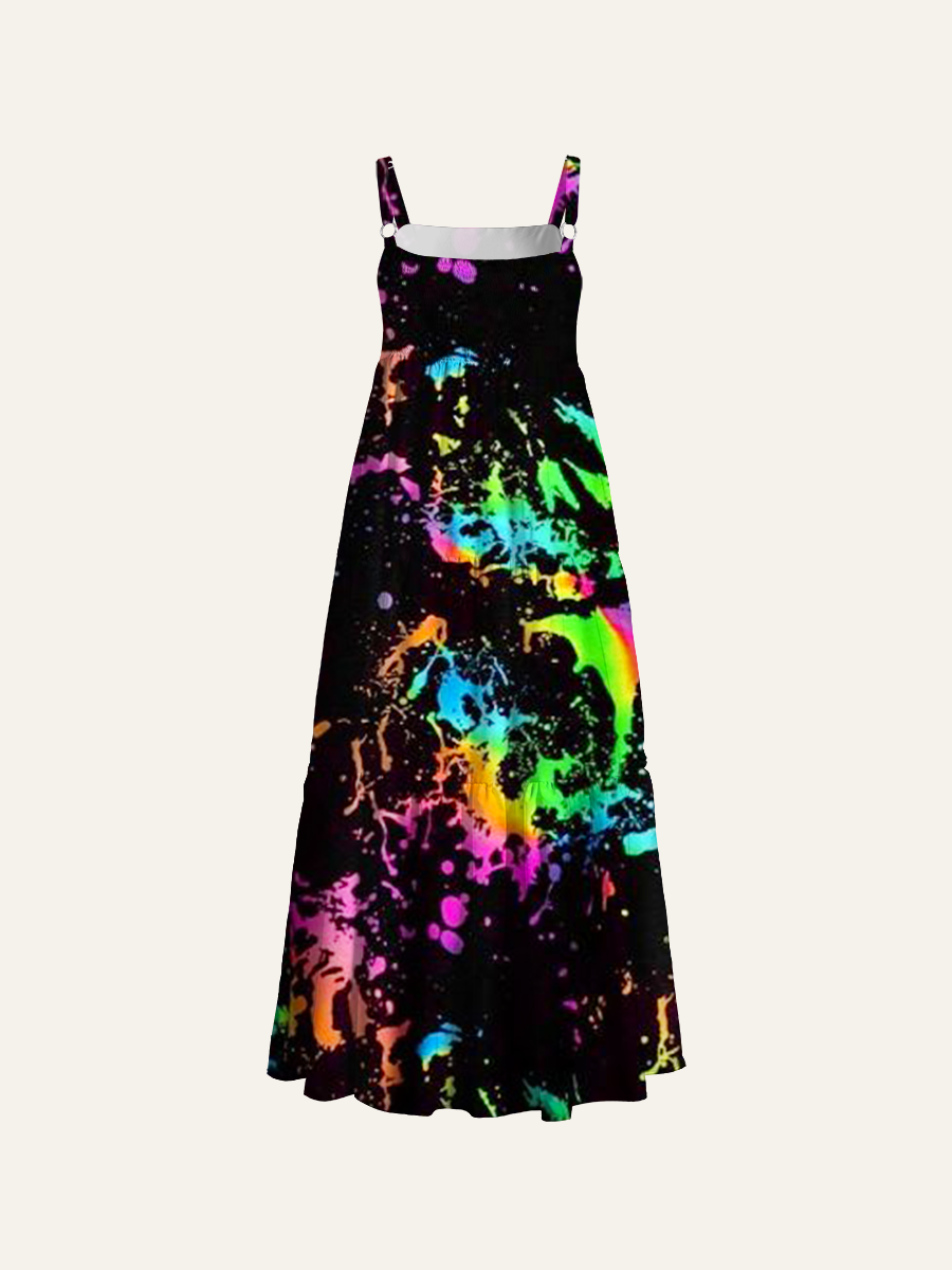 Vibrant Rainbow Splatters Adjustable Wide Straps Maxi Dress
