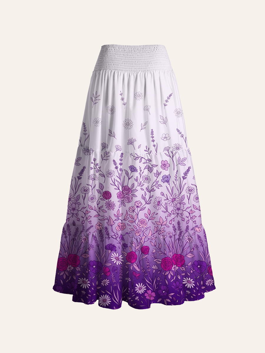 Gradient Purple Line Art Wildflower Border Convertible Maxi Skirts