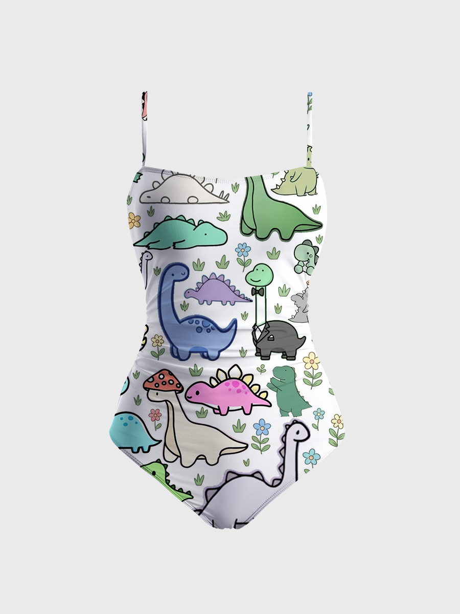Vintage Whimsical Pastel Dino One Piece Slim-Strap Swimsuit