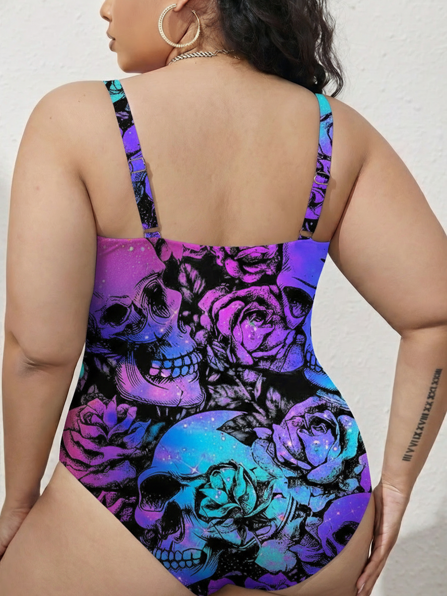 Vintage Galaxy Skull & Rose Aesthetic Gathered Swimsuit