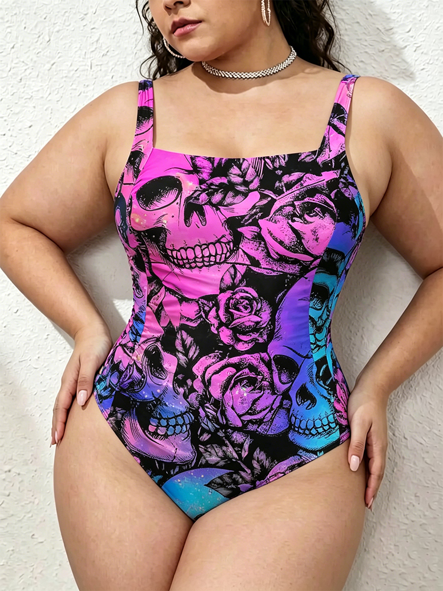 Vintage Galaxy Skull & Rose Aesthetic Gathered Swimsuit
