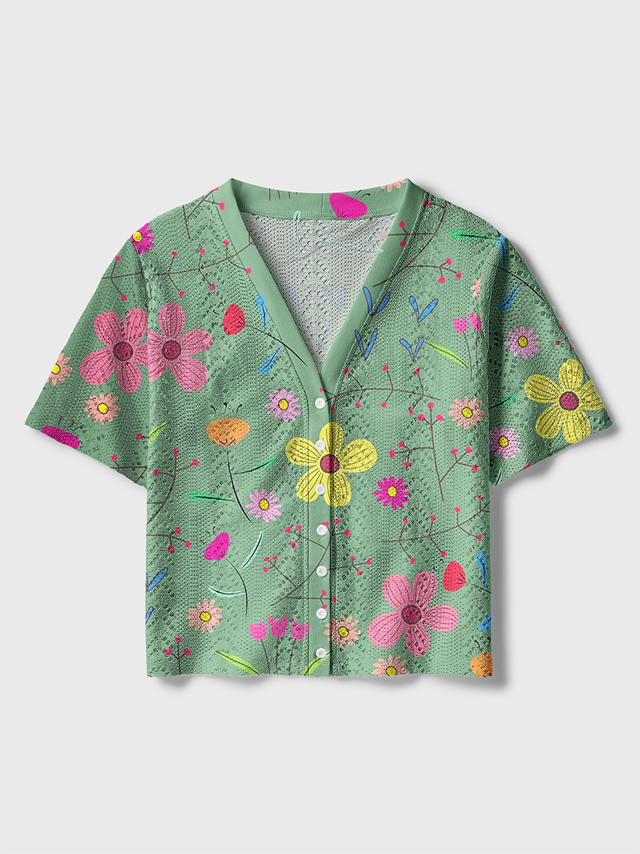 Sage Green Minimal Soft Wildflower Crochet Button Down Cardigan