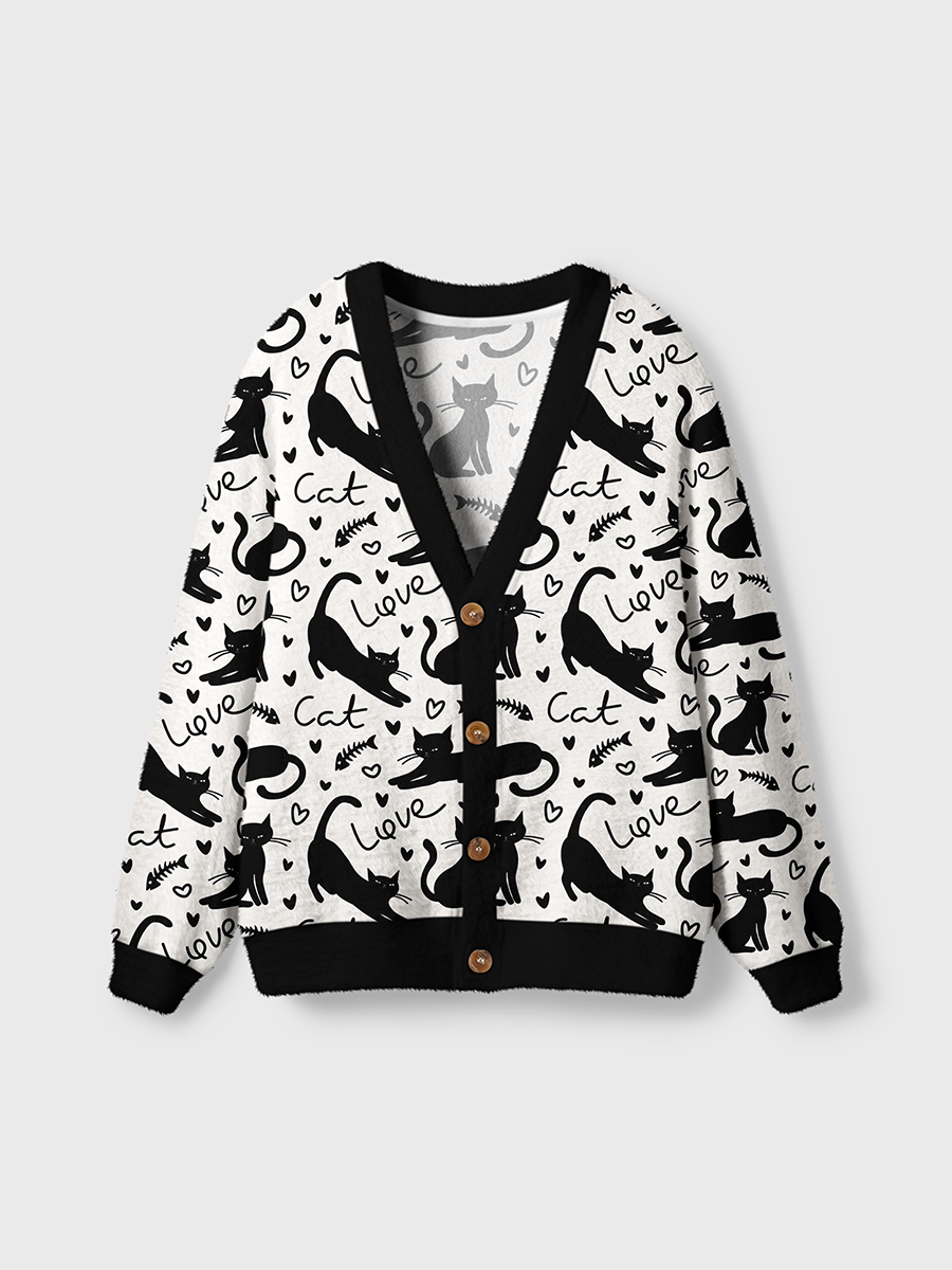 Vintage Minimal Line Art Black Cat Cool Cardigan Sweaters