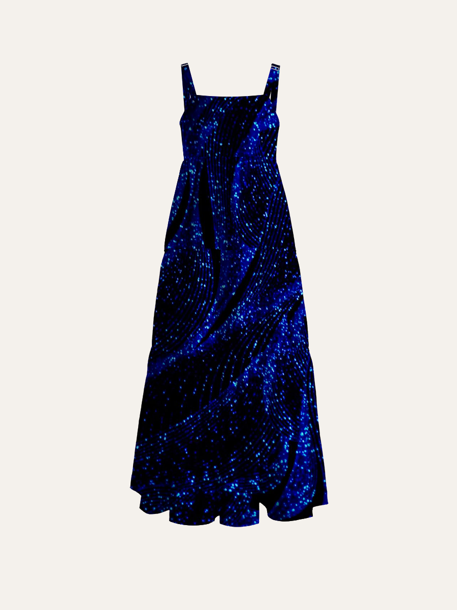 Dark Blue Glowing Particle Stream Print Adjustable Wide Straps Maxi Dress