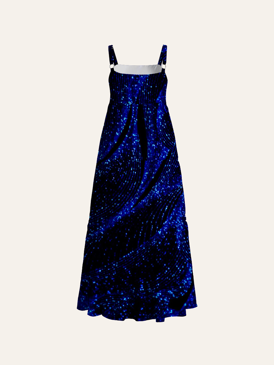 Dark Blue Glowing Particle Stream Print Adjustable Wide Straps Maxi Dress