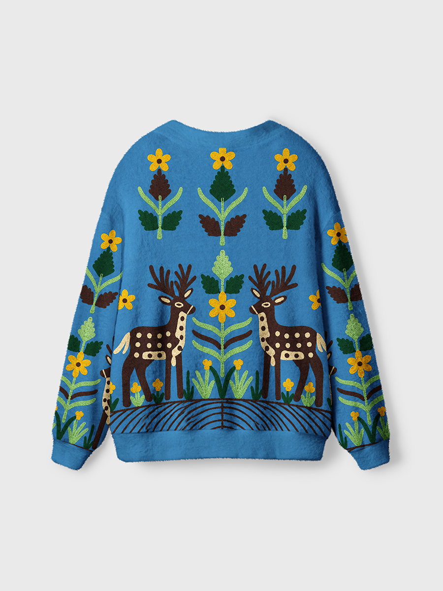 Vintage Embroidered Deer Floral Retro Cardigan Sweaters