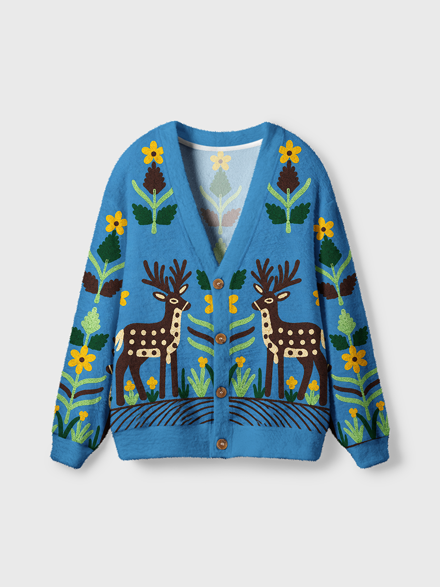 Vintage Embroidered Deer Floral Retro Cardigan Sweaters