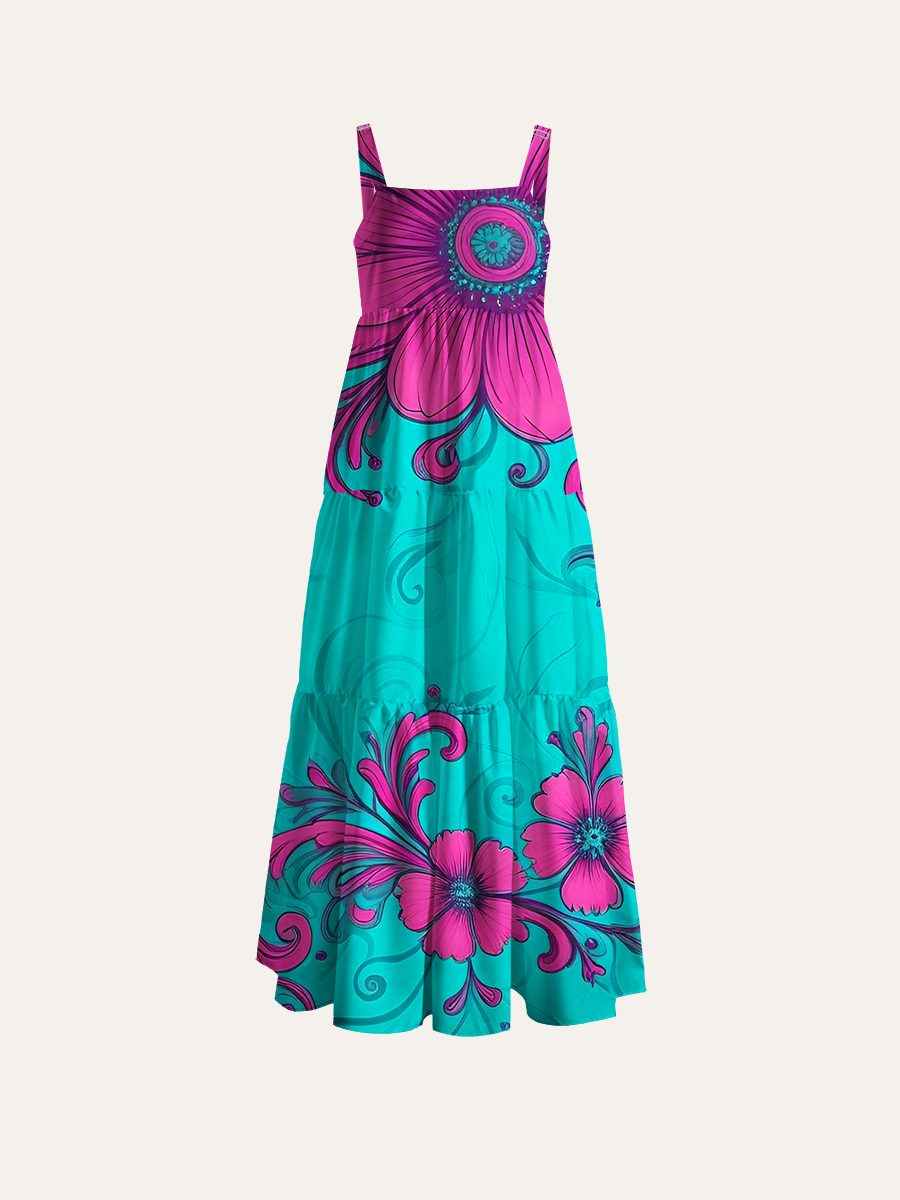 Vintage Baroque Floral Scroll Adjustable Wide Straps Maxi Dress