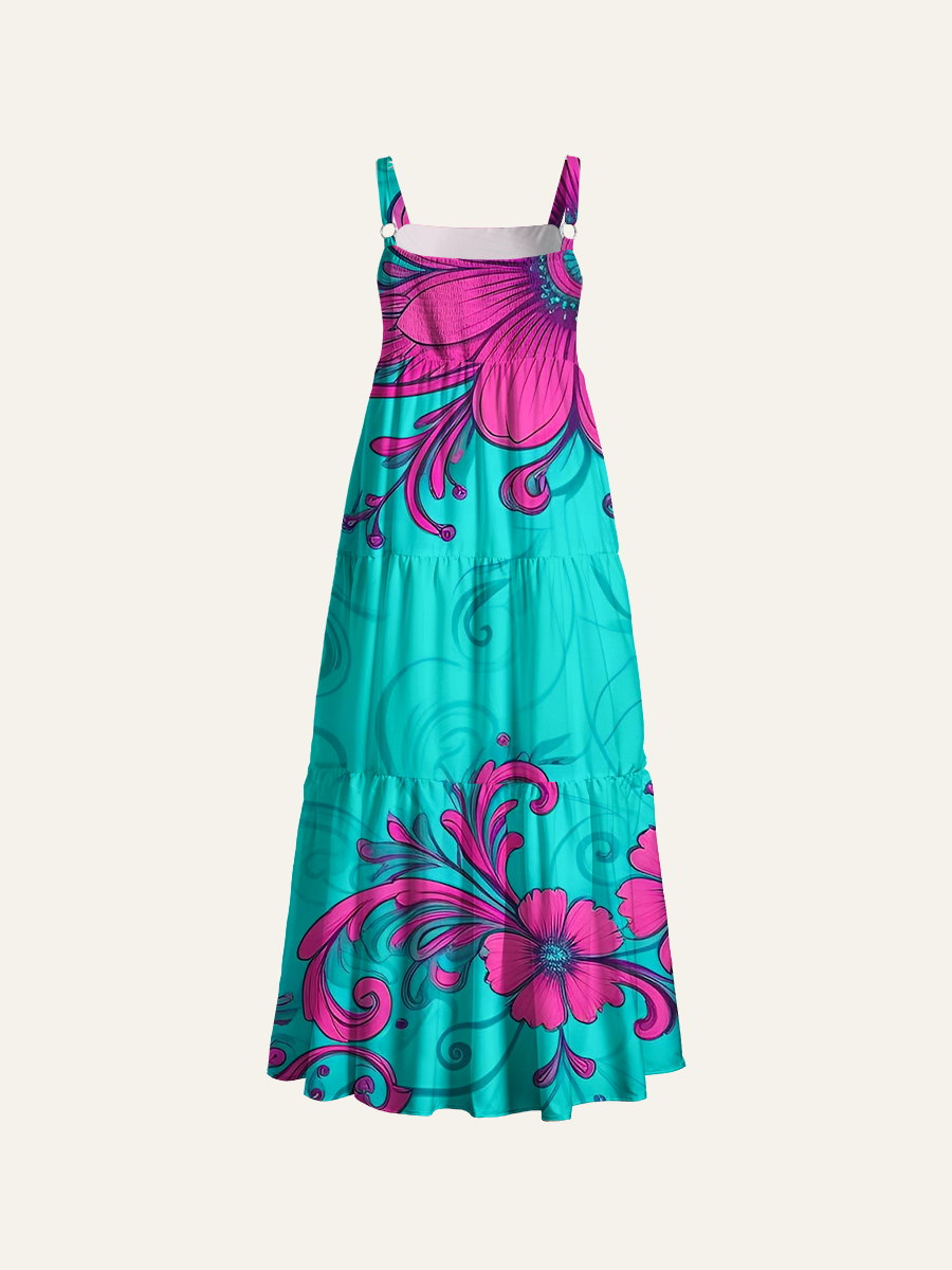 Vintage Baroque Floral Scroll Adjustable Wide Straps Maxi Dress