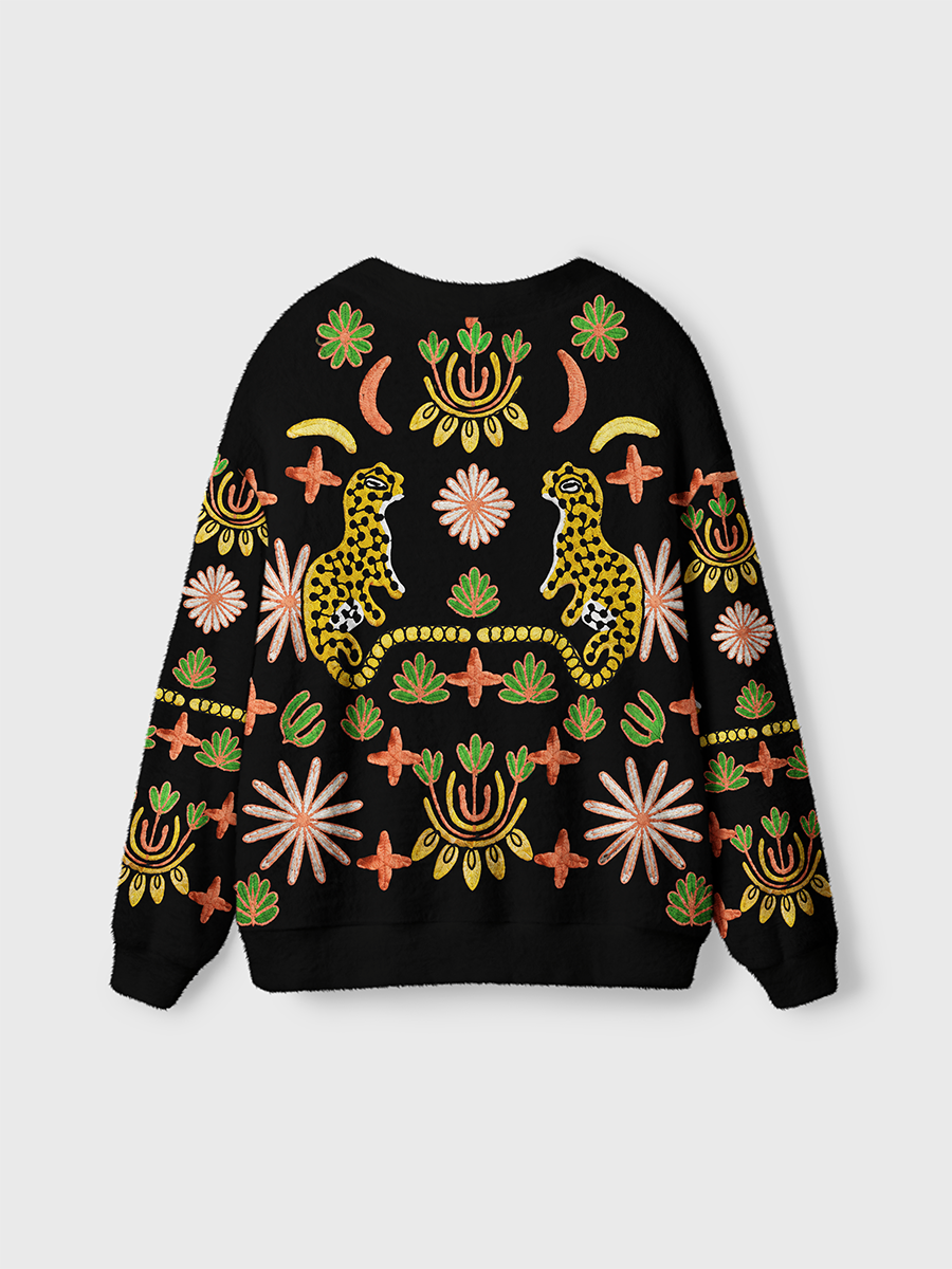 Vintage Folk Art Embroidered Leopard Floral Symmetrical Cardigan Sweaters
