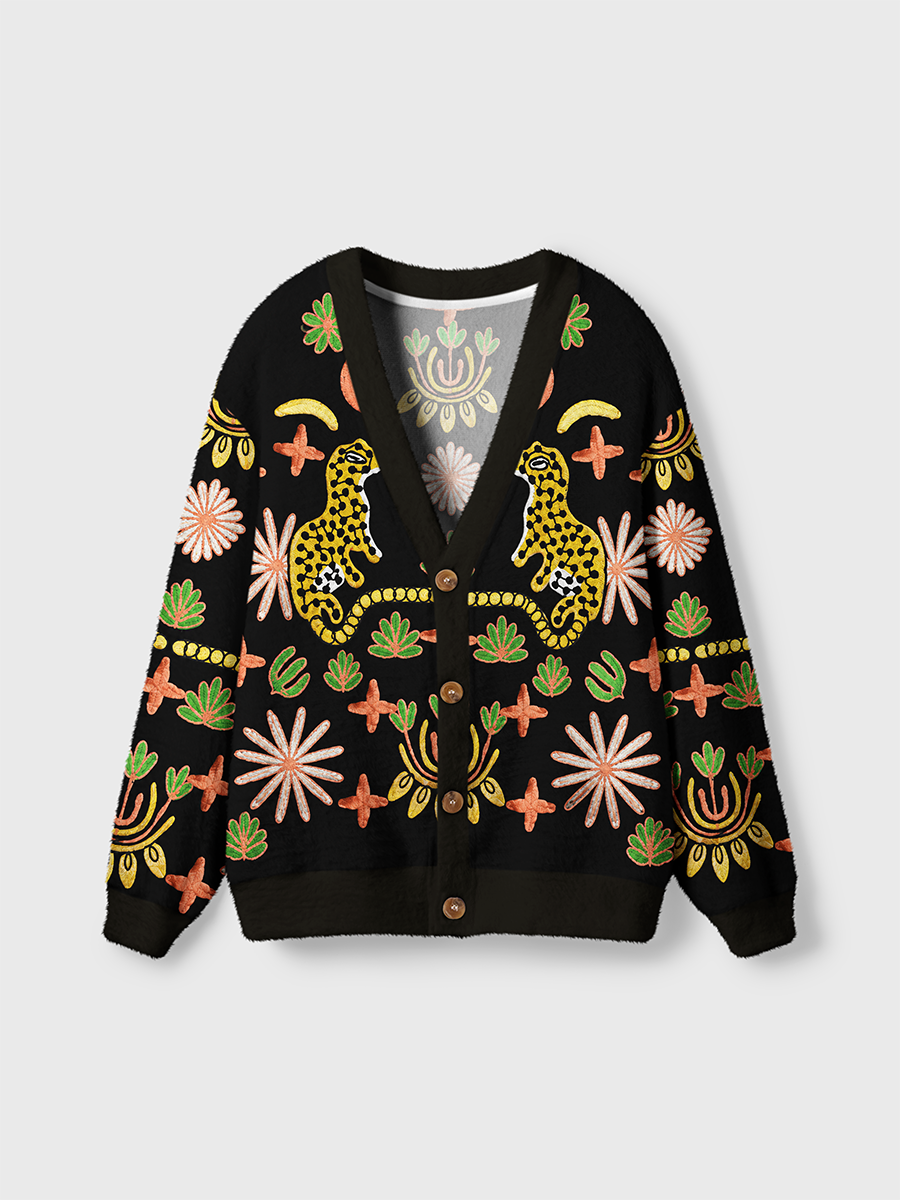 Vintage Folk Art Embroidered Leopard Floral Symmetrical Cardigan Sweaters