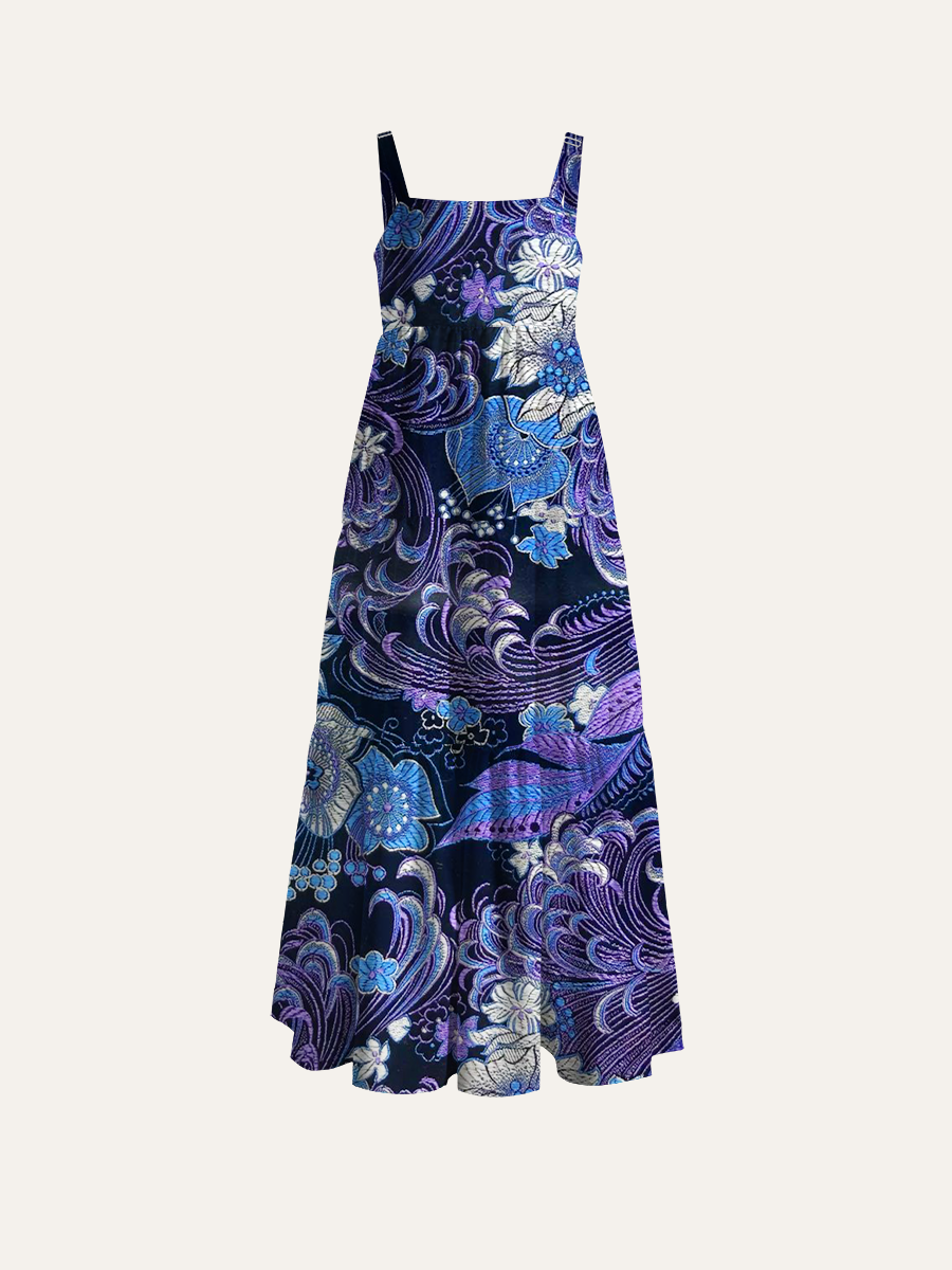 Blue-Purple Iridescent Flower Adjustable Wide Straps Maxi Dress