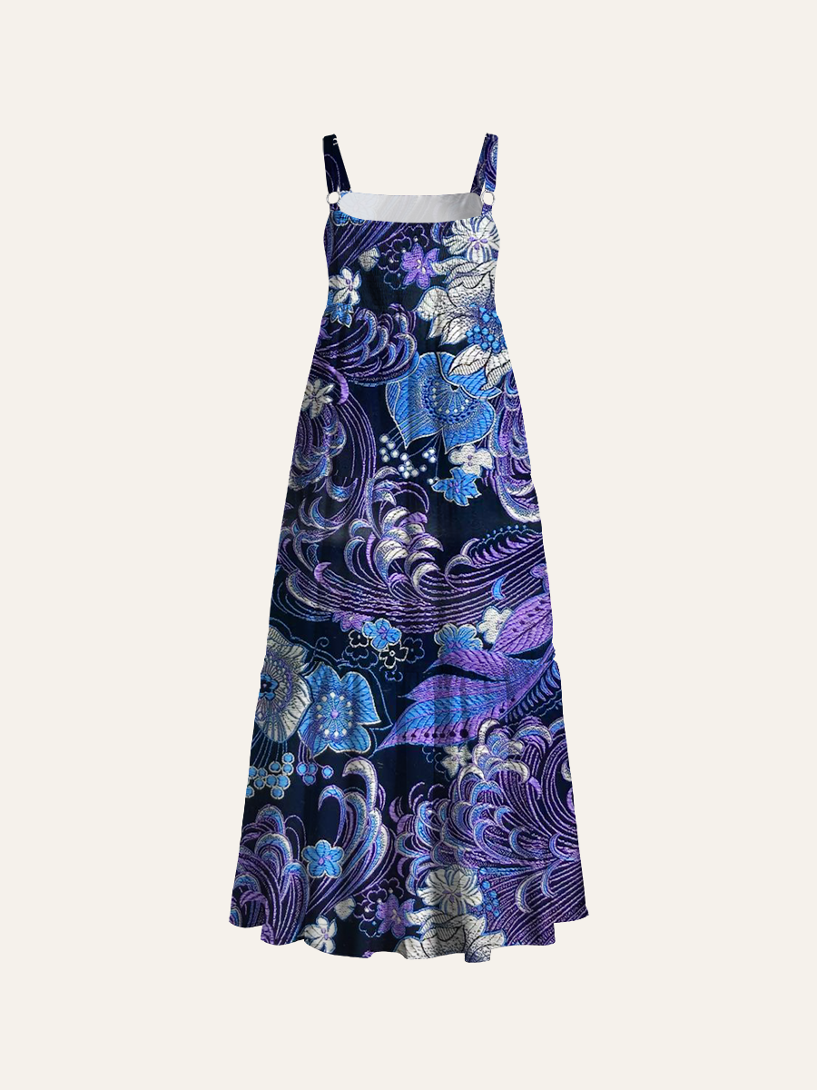 Blue-Purple Iridescent Flower Adjustable Wide Straps Maxi Dress