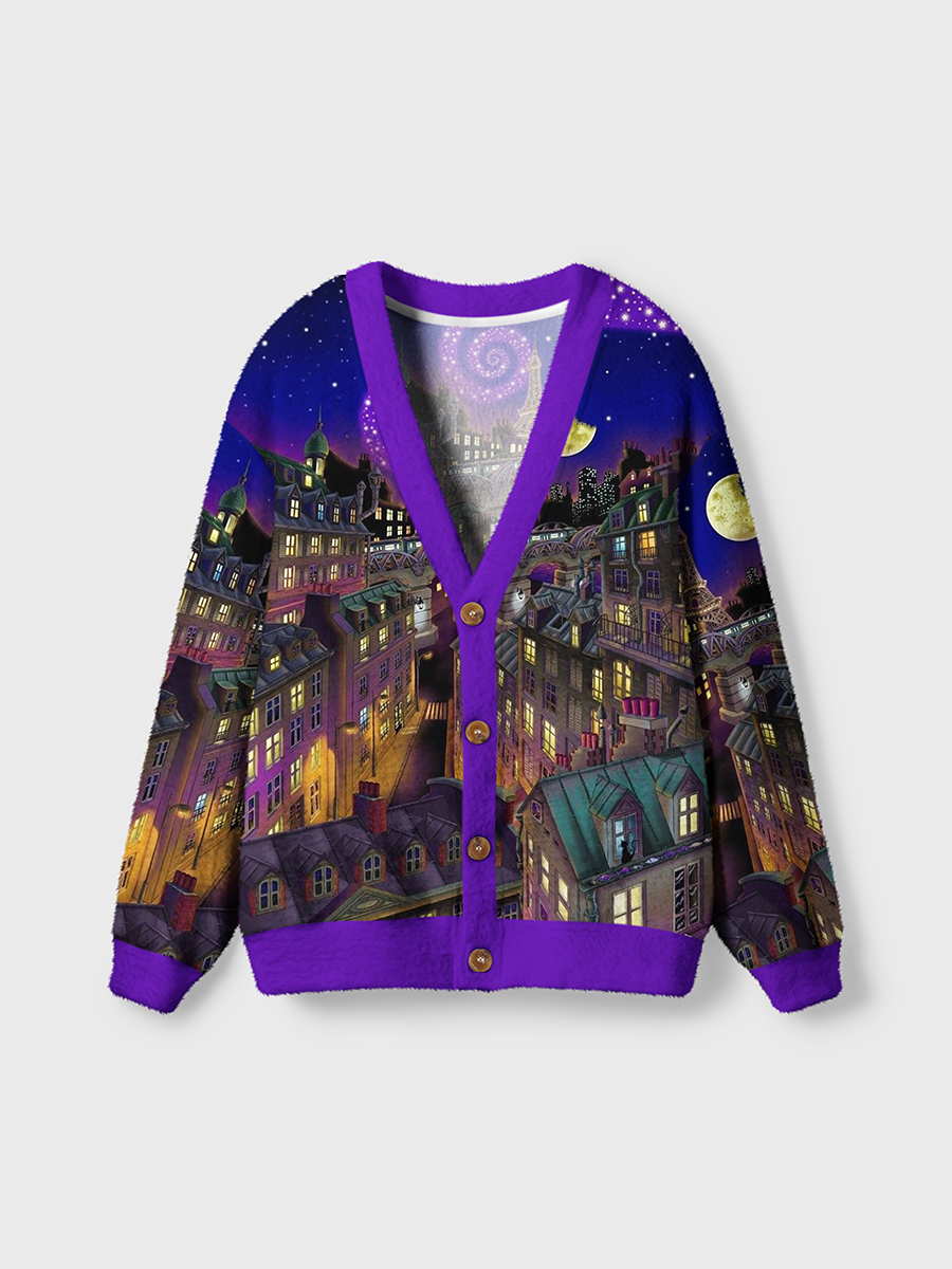 Vintage Magical Starry Night Paris City Fairytale Cardigan Sweaters