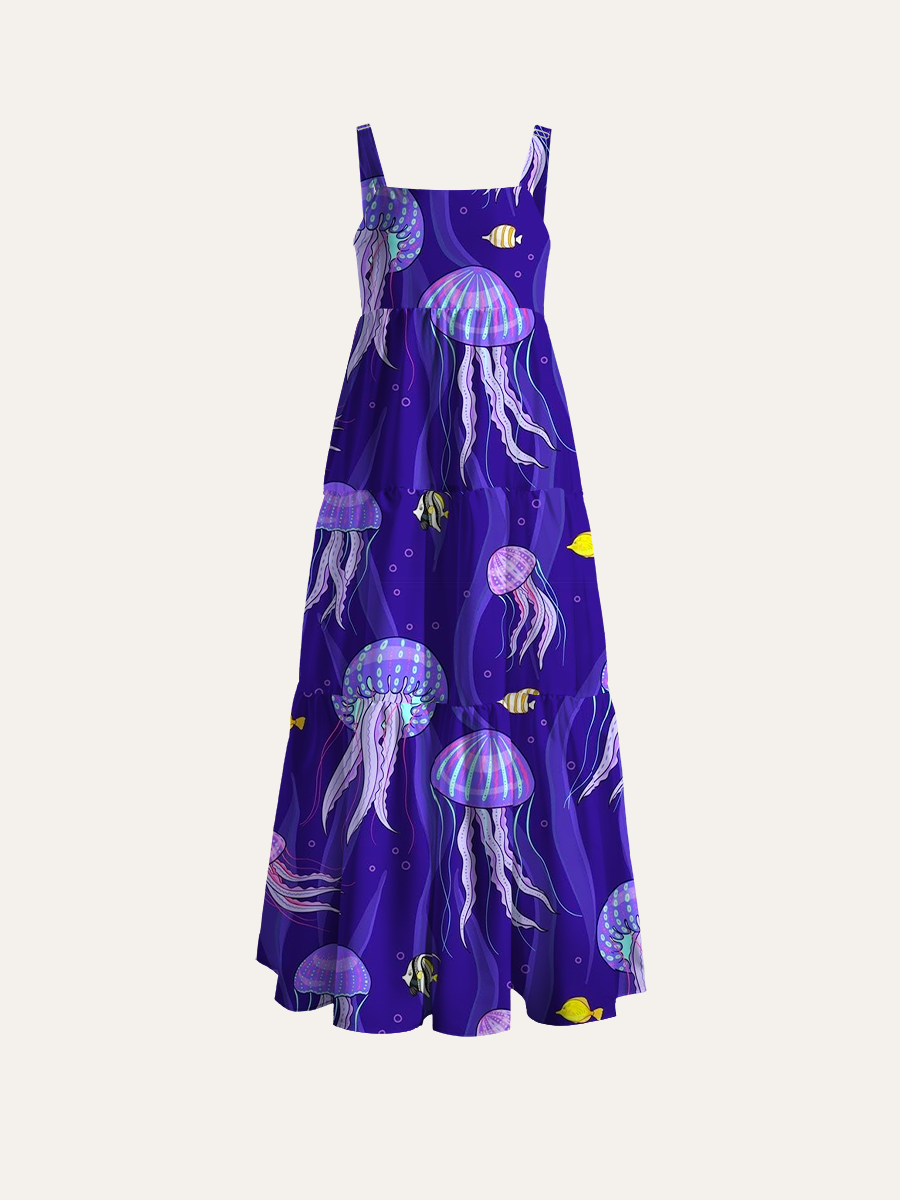 Underwater Kids Ocean Cartoon Jellyfish Adjustable Wide Straps Maxi Dress
