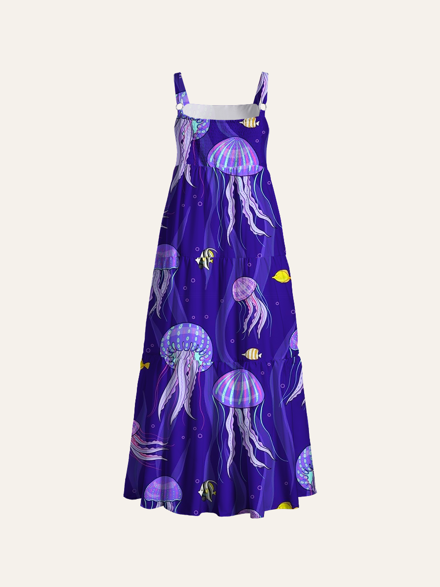 Underwater Kids Ocean Cartoon Jellyfish Adjustable Wide Straps Maxi Dress