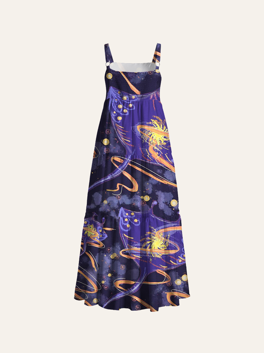 Watercolor Manta Ray Galaxy Adjustable Wide Straps Maxi Dress