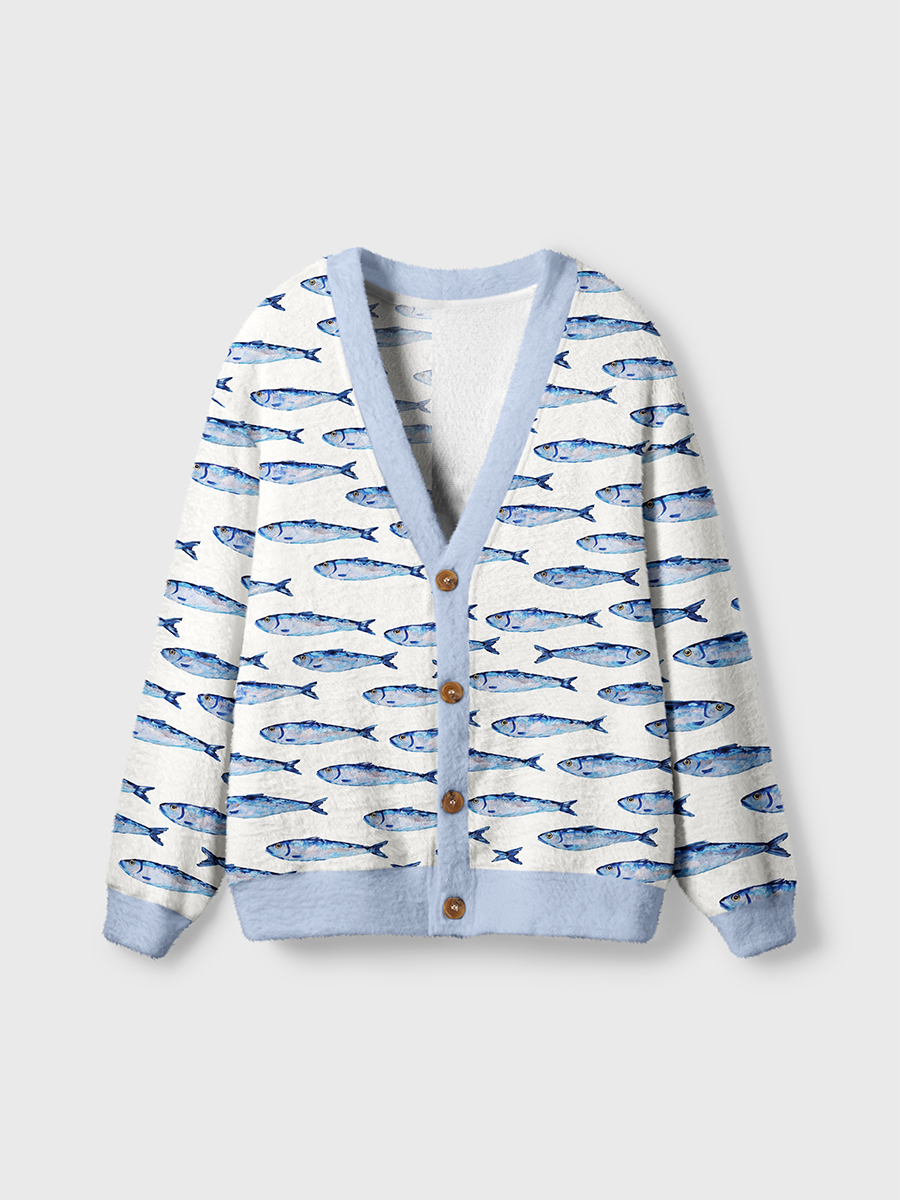 Vintage Watercolor Sardine Ocean Fresh Cardigan Sweaters