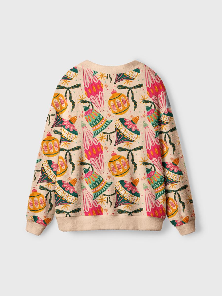 Vintage Hand‑drawn Christmas Bauble Bell Bow Cardigan Sweaters
