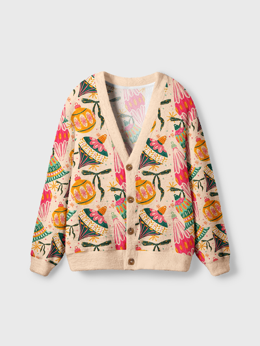 Vintage Hand‑drawn Christmas Bauble Bell Bow Cardigan Sweaters