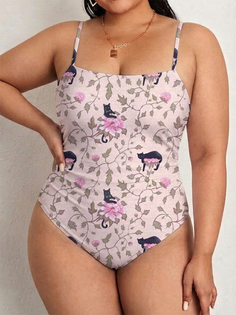 Vintage Black Cat Bloom One Piece Slim-Strap Swimsuit