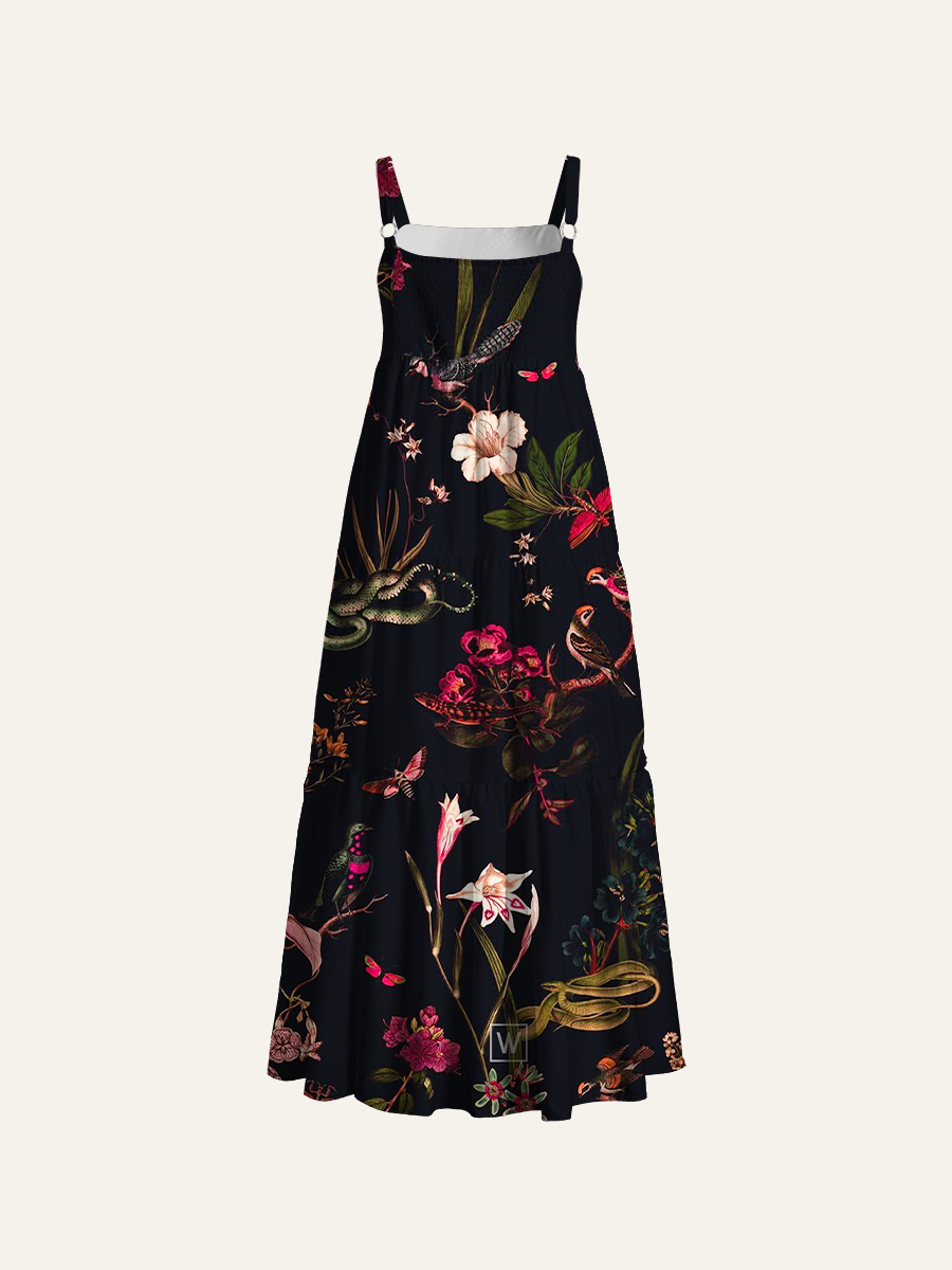 Enchanted Forest Reptiles & Birds Adjustable Wide Straps Maxi Dress