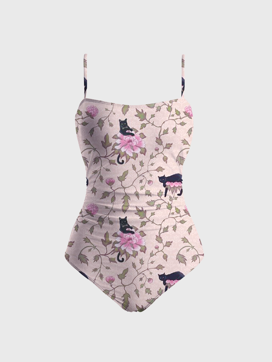Vintage Black Cat Bloom One Piece Slim-Strap Swimsuit