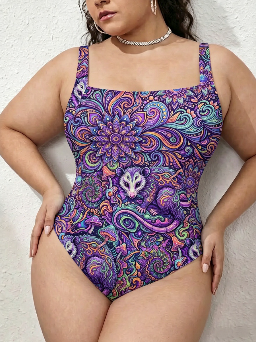 Vintage Trippy Opossum Mushroom Art Gathered Swimsuit
