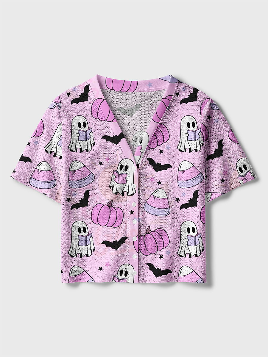 Pastel Cute Ghost Pumpkin Halloween Crochet Button Down Cardigan