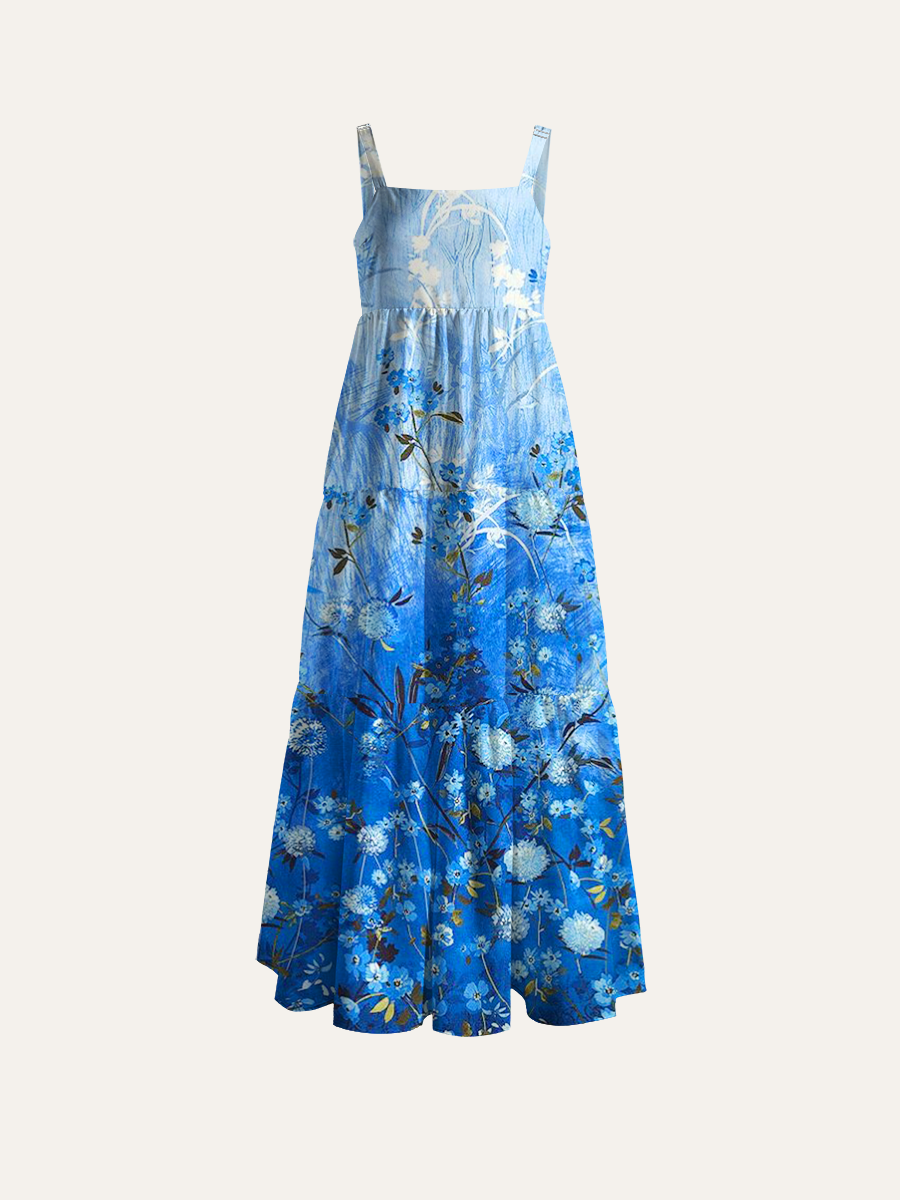 Gradient Monochrome Blue Wildflower Adjustable Wide Straps Maxi Dress