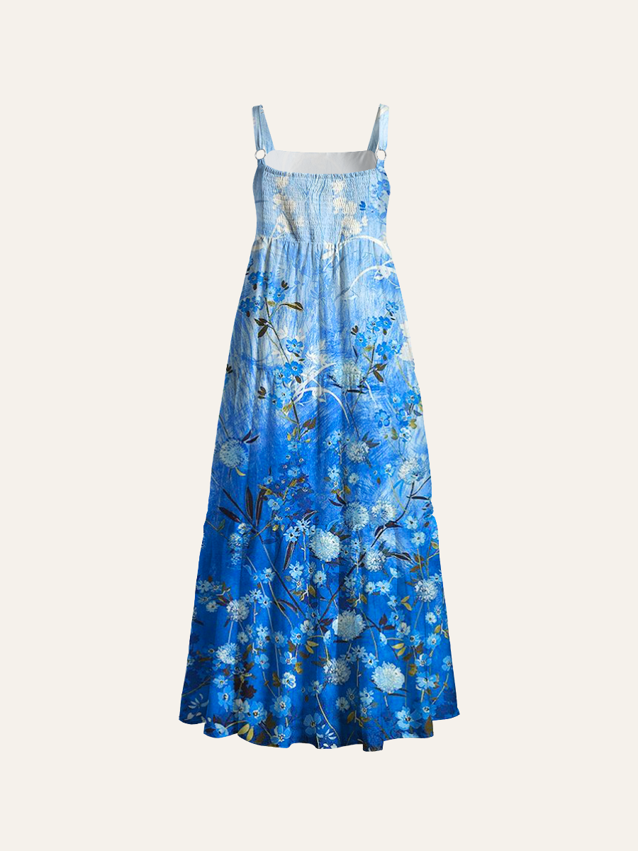 Gradient Monochrome Blue Wildflower Adjustable Wide Straps Maxi Dress