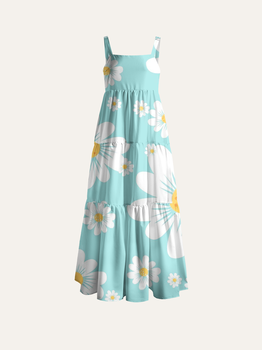 Minimalist Flat Daisy Adjustable Wide Straps Maxi Dress