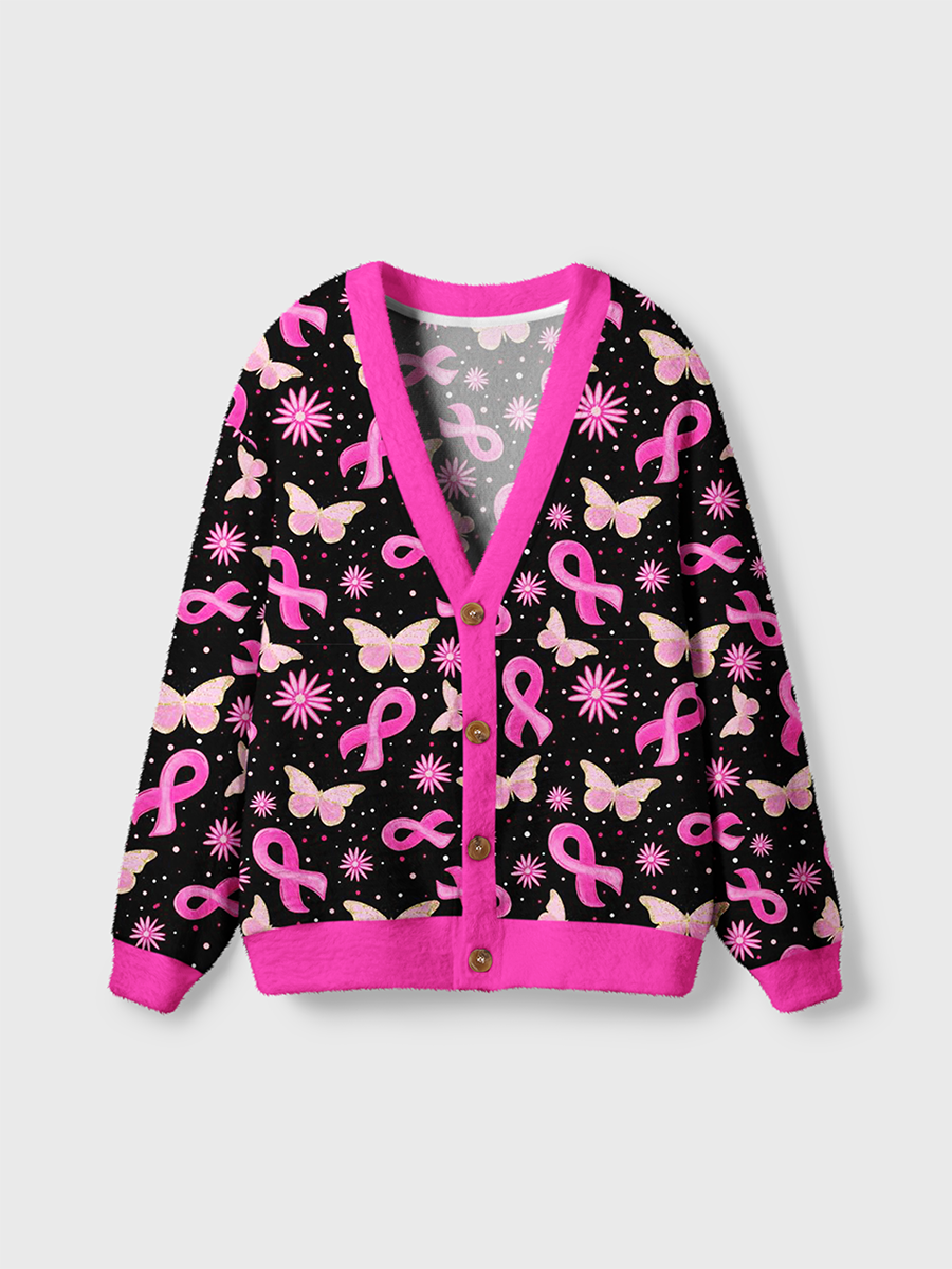 Vintage Butterfly Flower Breast Cancer Cardigan Sweaters