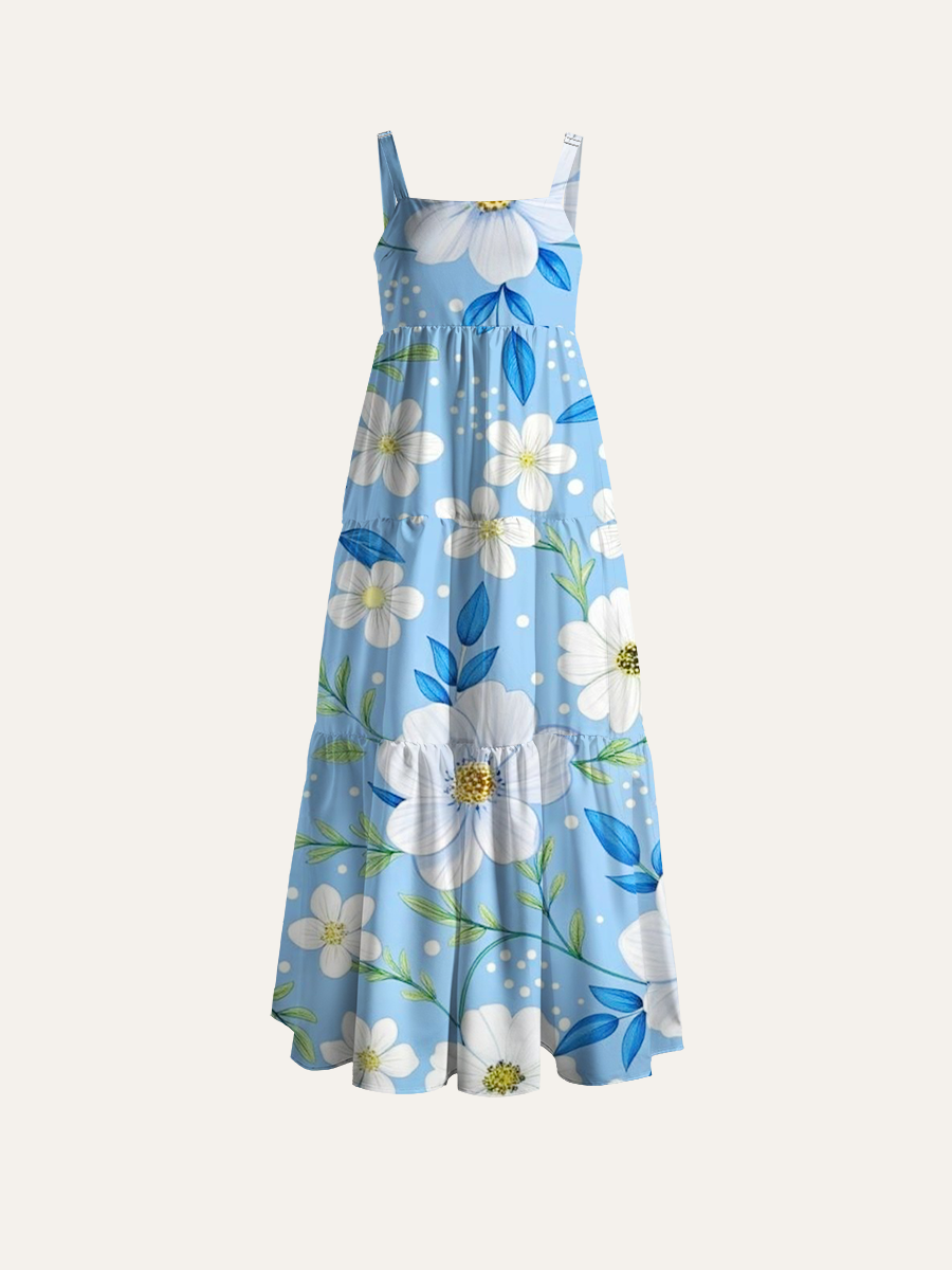 Watercolor White Flower Vine Adjustable Wide Straps Maxi Dress