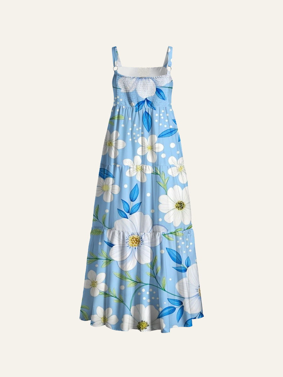 Watercolor White Flower Vine Adjustable Wide Straps Maxi Dress