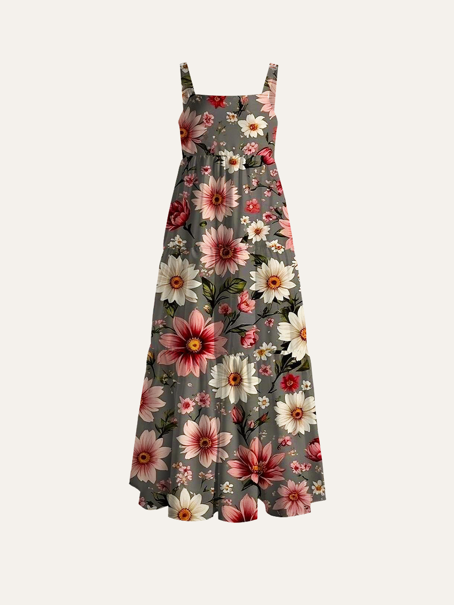 Vintage Muted Dahlia Floral Print Adjustable Wide Straps Maxi Dress
