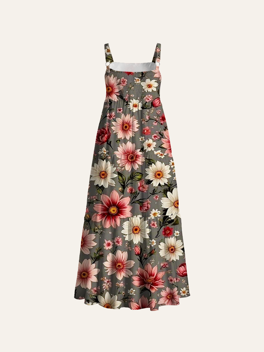 Vintage Muted Dahlia Floral Print Adjustable Wide Straps Maxi Dress