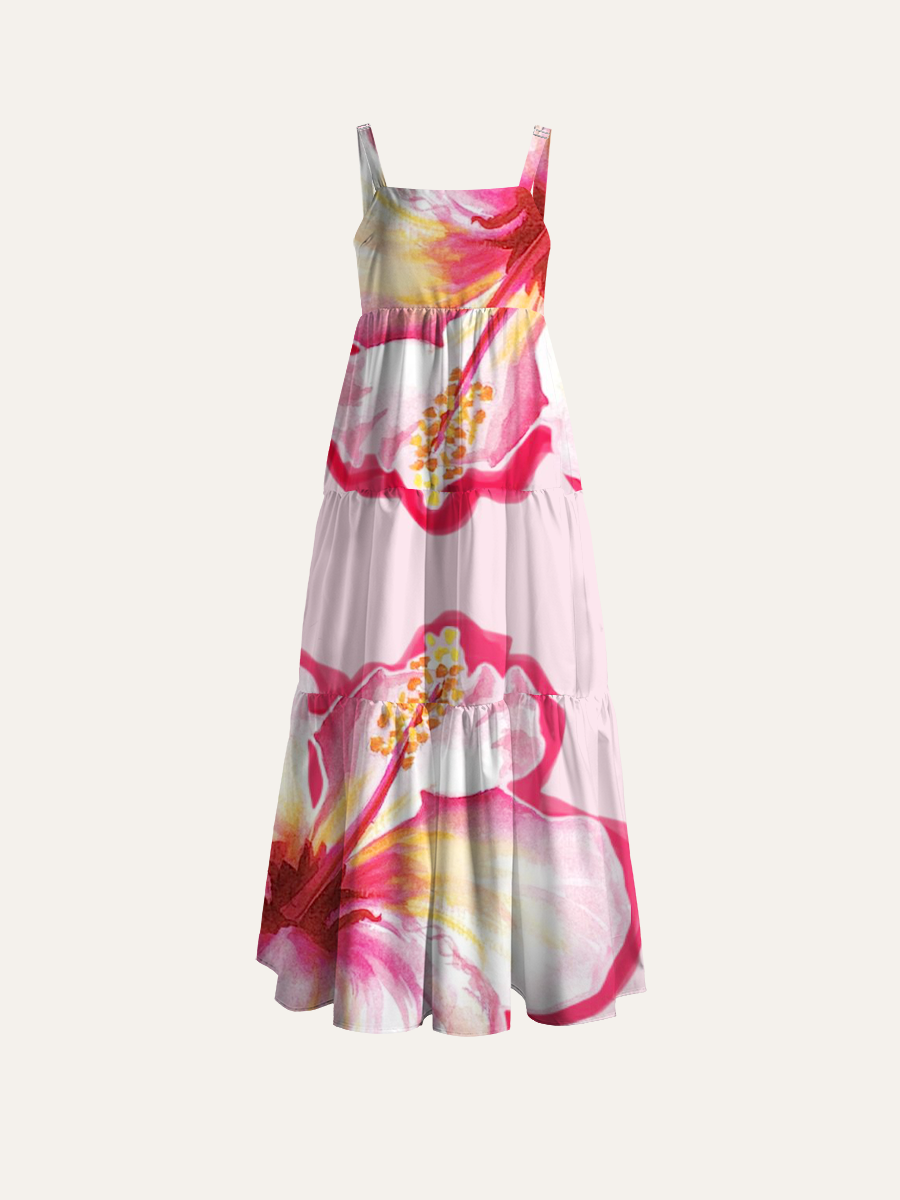Watercolor Hibiscus Adjustable Wide Straps Maxi Dress