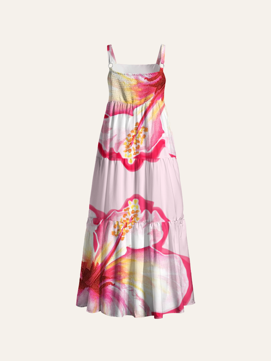 Watercolor Hibiscus Adjustable Wide Straps Maxi Dress