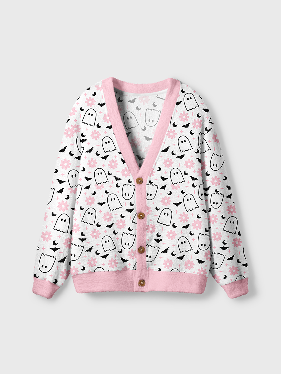 Vintage Sweet Spooky Pink Flower Ghost Bat Moon Cardigan Sweaters