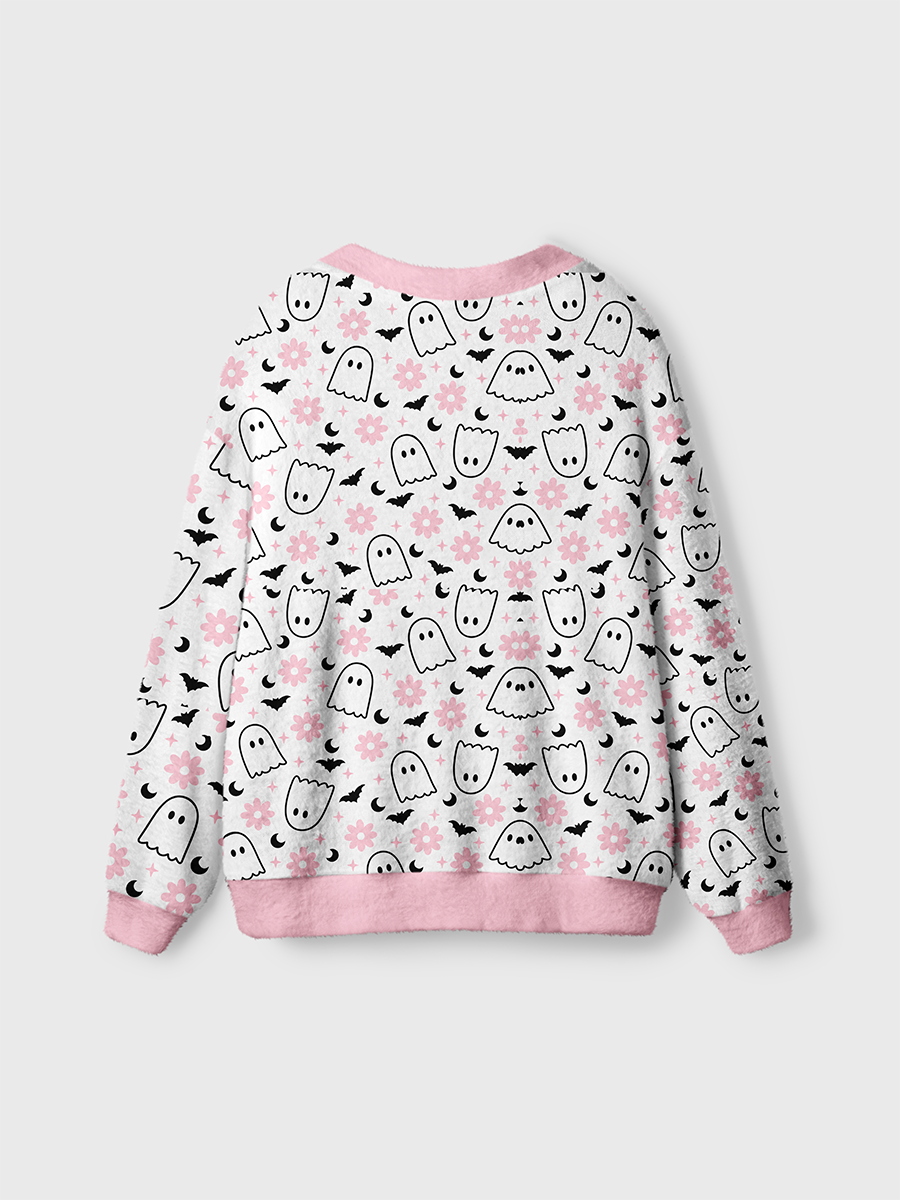 Vintage Sweet Spooky Pink Flower Ghost Bat Moon Cardigan Sweaters