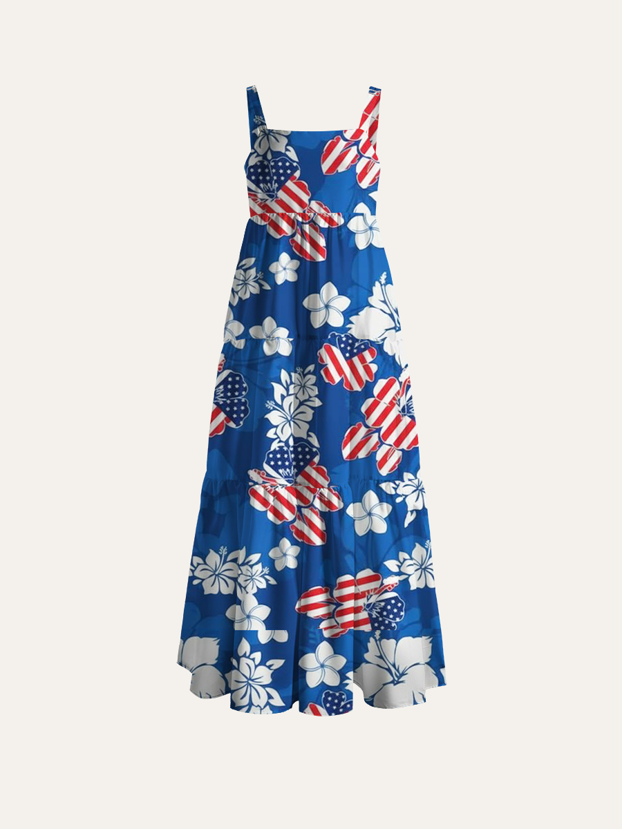 4Th Of July Patriotic Hibiscus Adjustable Wide Straps Maxi Dress