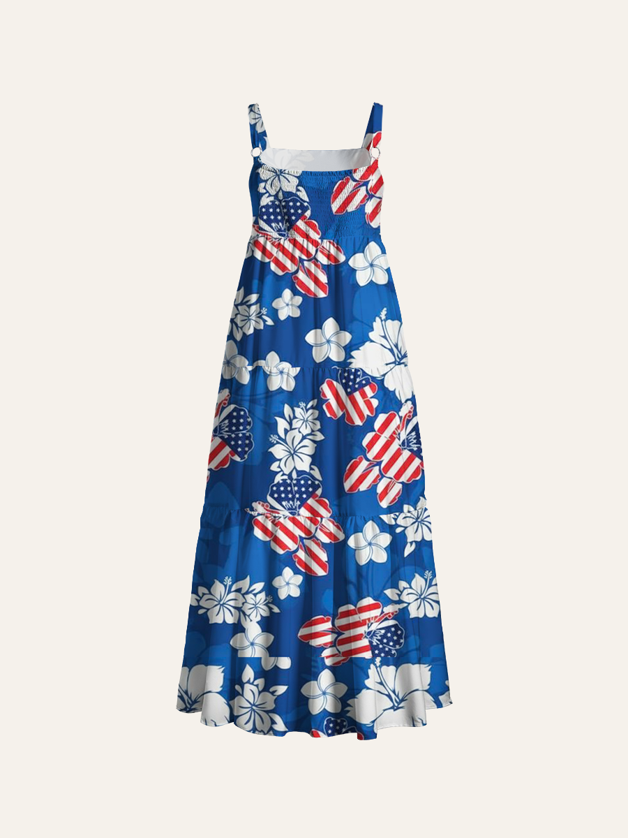4Th Of July Patriotic Hibiscus Adjustable Wide Straps Maxi Dress